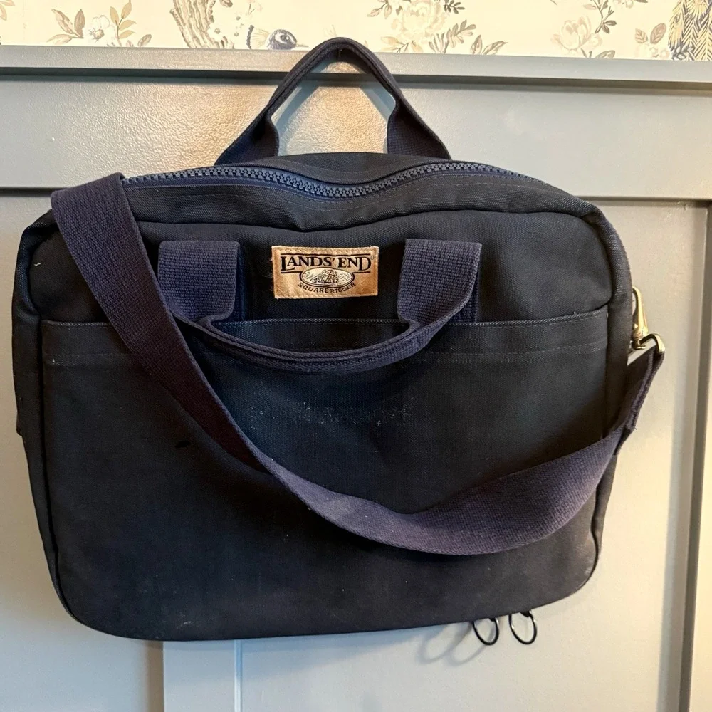 Vintage LANDS END SQUARE RIGGER Navy Blue Canvas Briefcase Laptop Tavel Bag USA